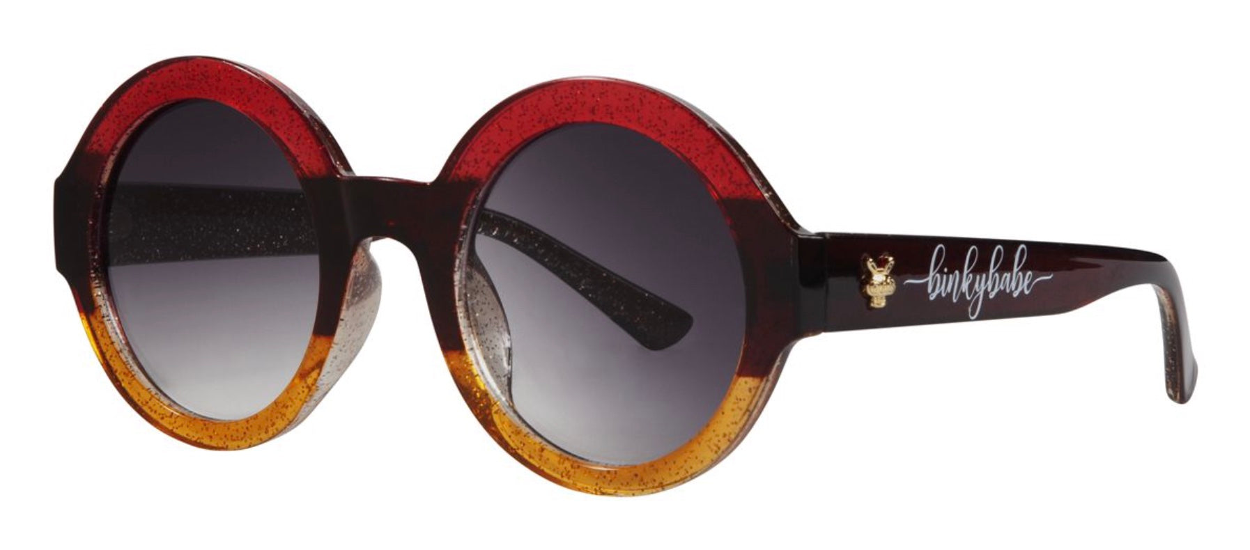 Stylish round sunglasses with a gradient red to orange frame and dark lenses, featuring a logo on the arm.