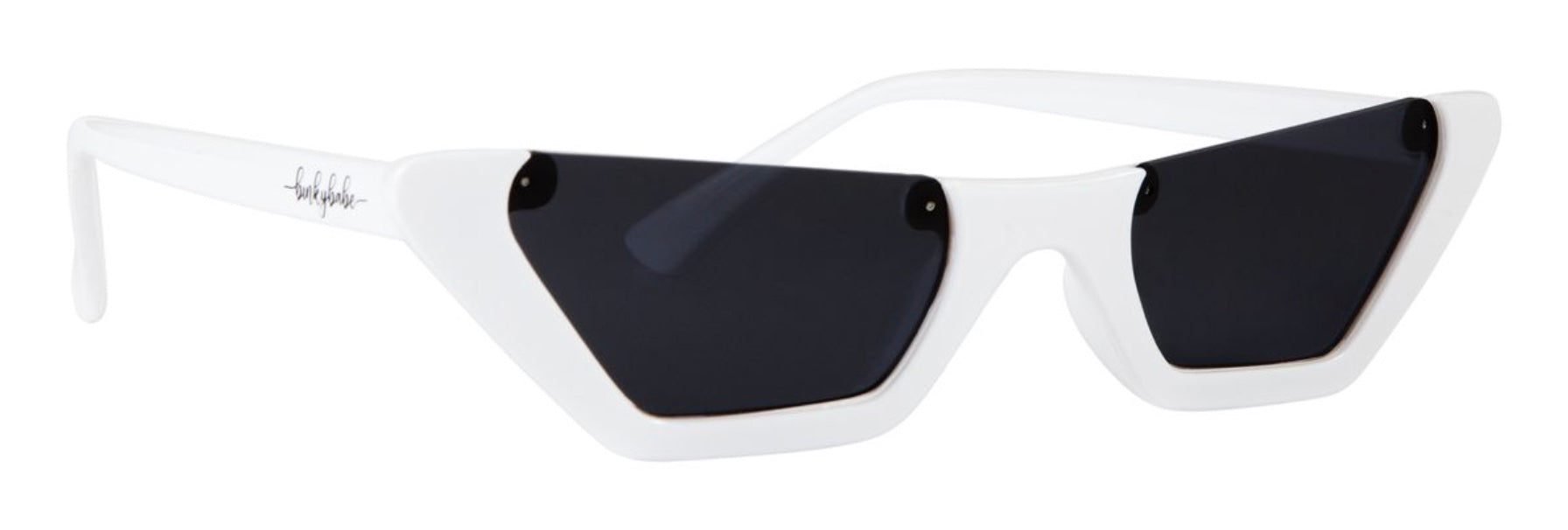 Stylish white angular sunglasses with dark lenses, perfect for trendy kids and youth. Ideal for sunny outdoor adventures.