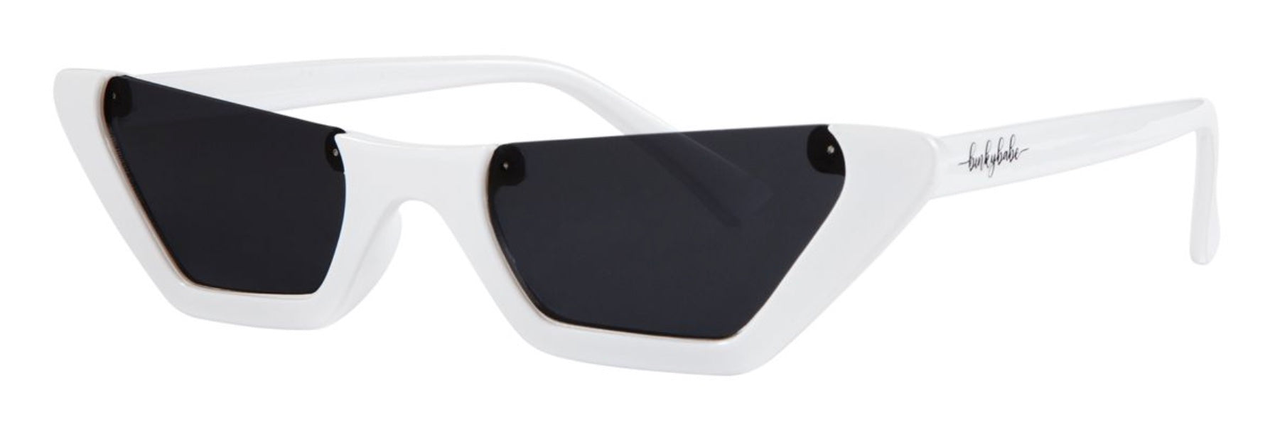 Stylish white cat-eye sunglasses with black lenses, perfect for adding a trendy touch to any outfit.