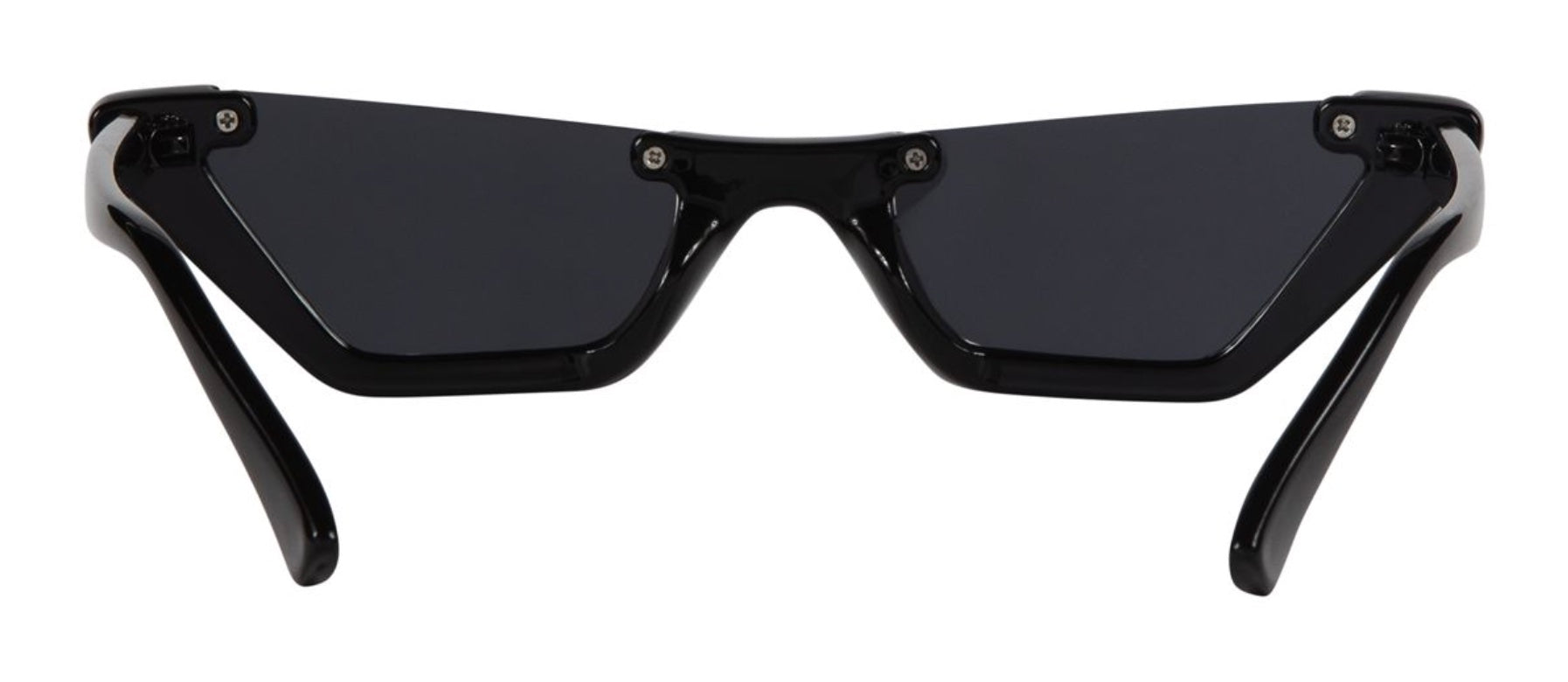 Sleek black sunglasses with angular frames and dark lenses, designed for a stylish and modern look.