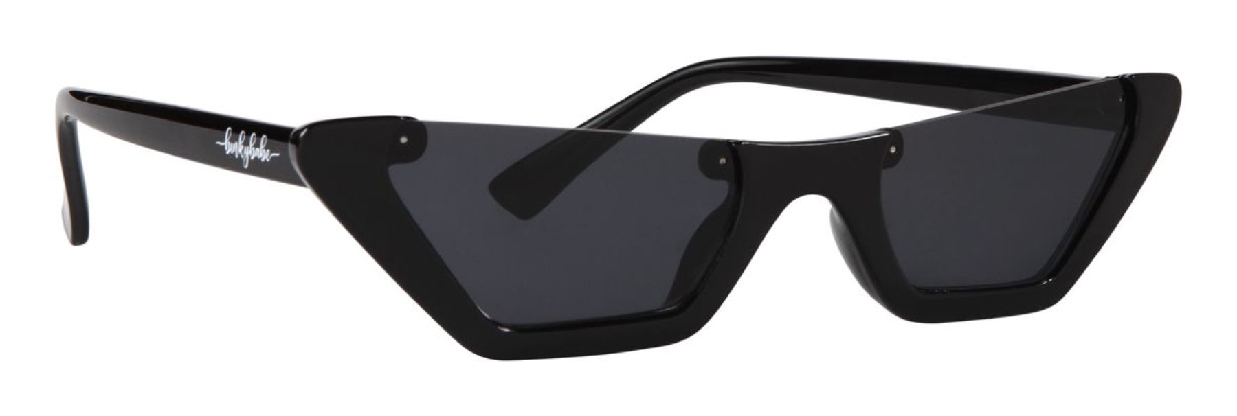 Stylish black cat-eye sunglasses with angular frames and dark lenses, perfect for a trendy look.