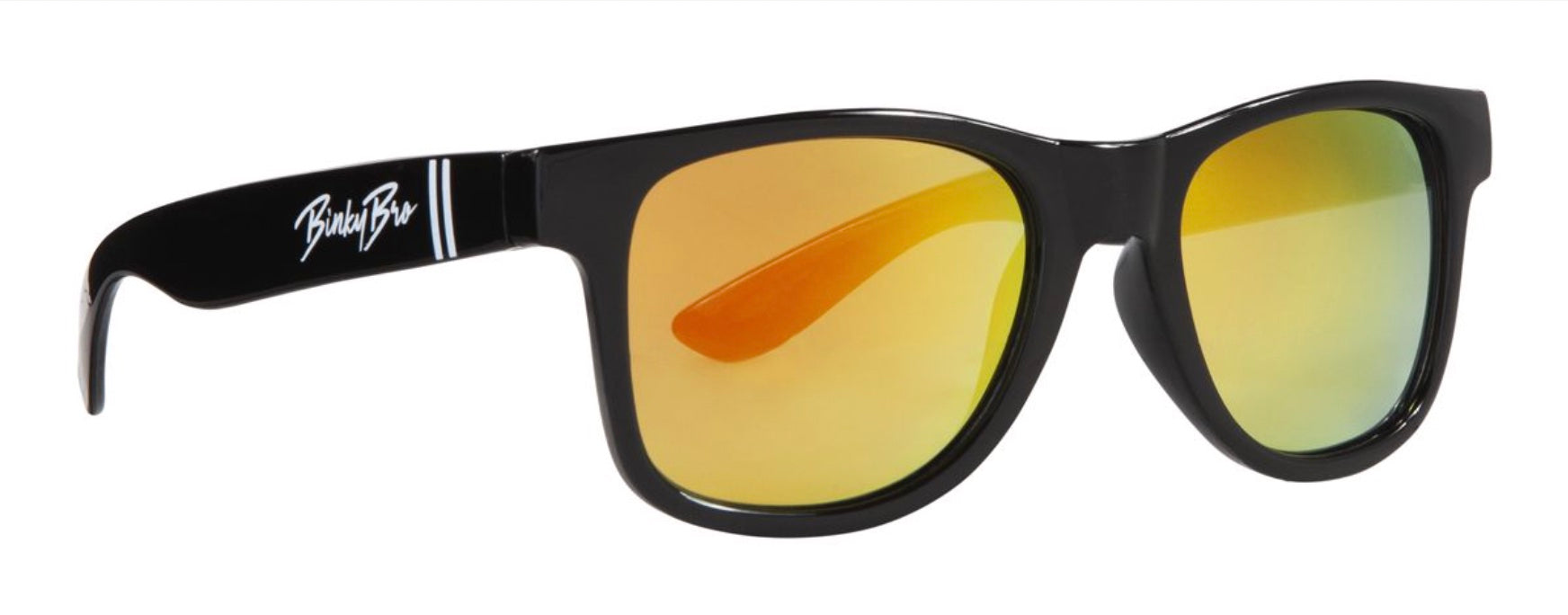 Stylish black sunglasses with reflective yellow-green lenses, perfect for a surf-snow-skate lifestyle. Ideal for kids.
