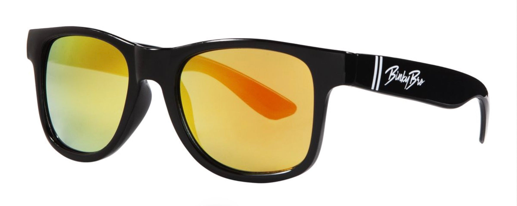 Stylish black sunglasses with yellow-tinted lenses, perfect for kids, featuring a sleek design and BinkyBro branding.