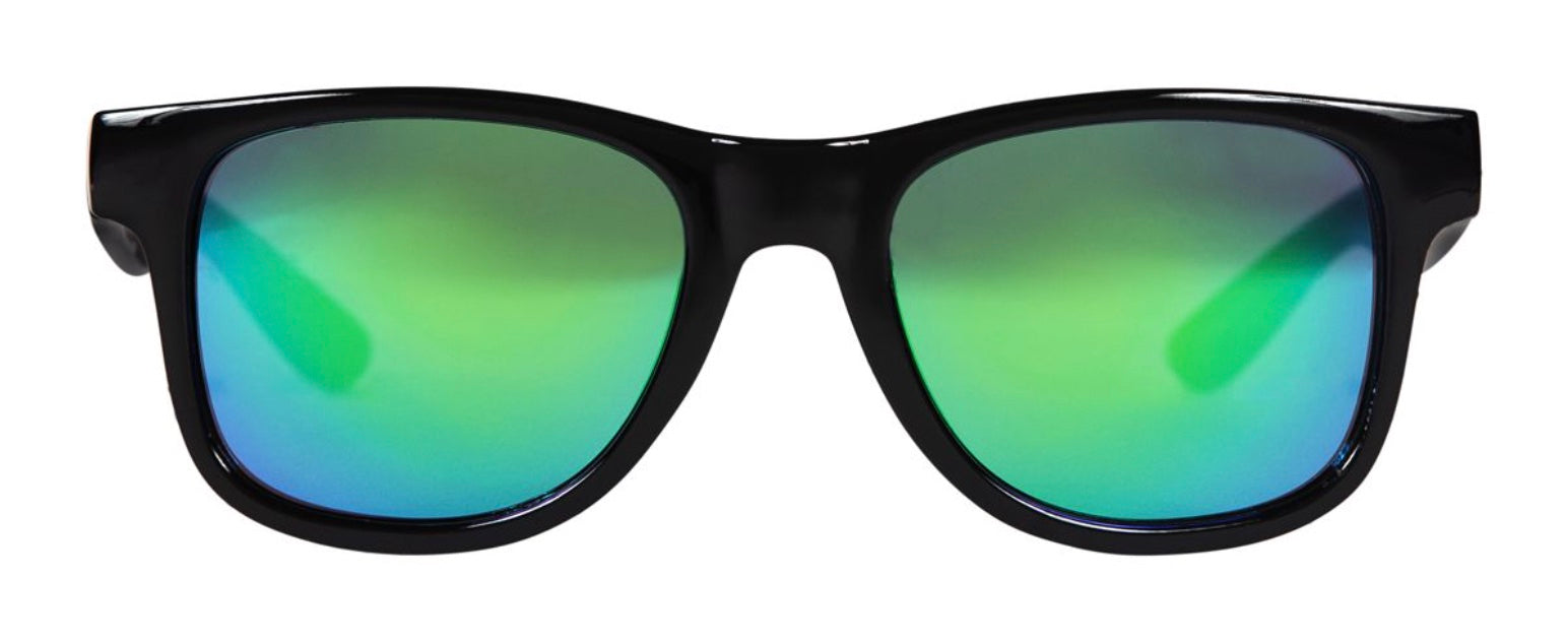 Stylish black sunglasses with peacock green reflective lenses, perfect for kids' outdoor adventures.