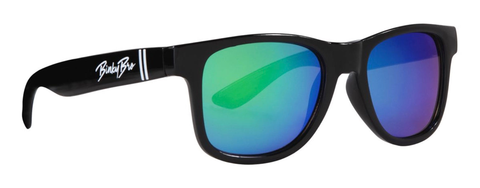 Stylish black sunglasses with peacock-colored reflective lenses, featuring the BinkyBro logo on the arm. Ideal for kids.