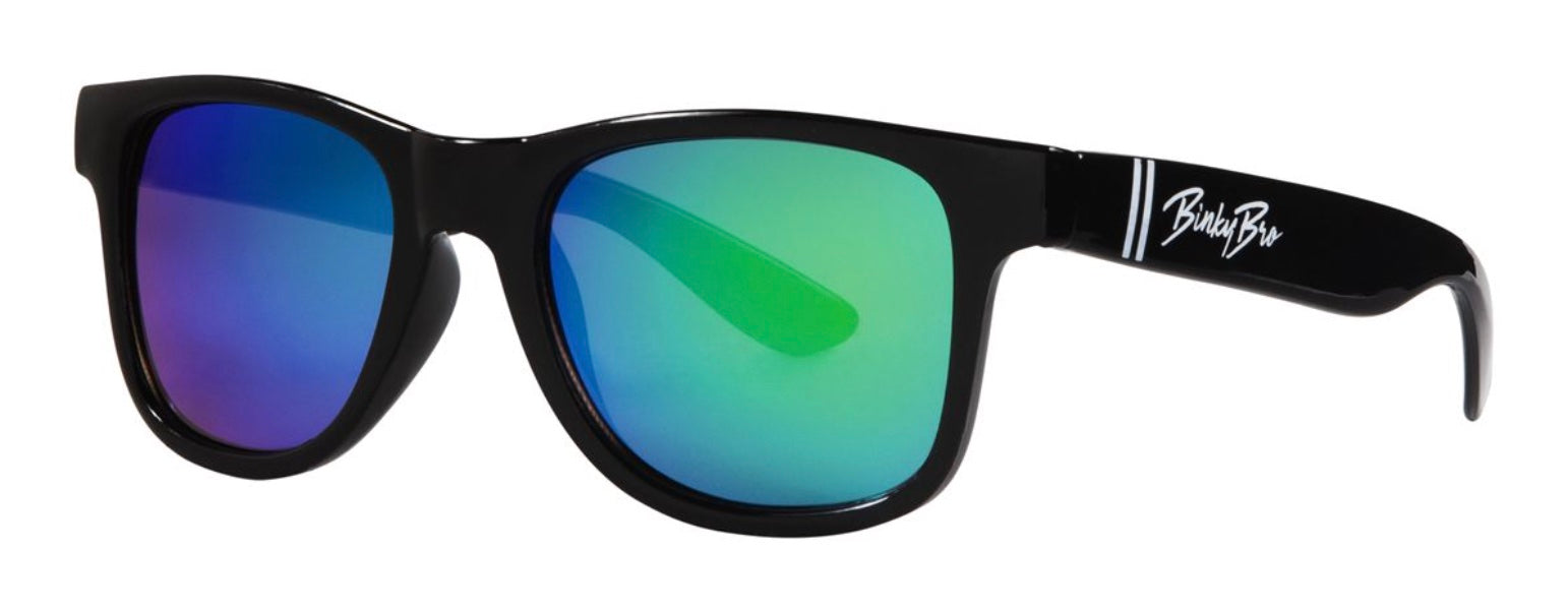 Stylish black sunglasses with peacock-colored mirrored lenses, perfect for a trendy outdoor look. Ideal for kids and youth.