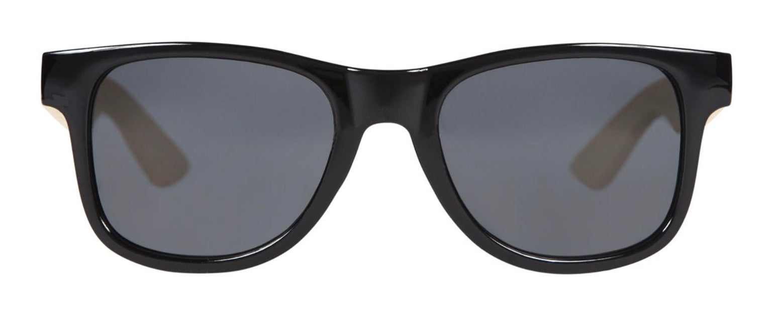 Stylish black sunglasses with gray lenses and bamboo accents, perfect for a trendy outdoor look. Ideal for kids and youth.