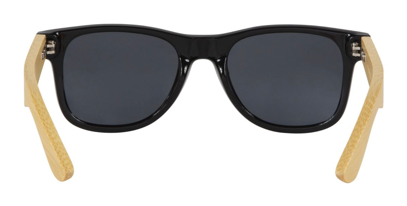 Stylish black sunglasses with bamboo arms, perfect for a trendy look. Ideal for outdoor adventures and everyday wear.