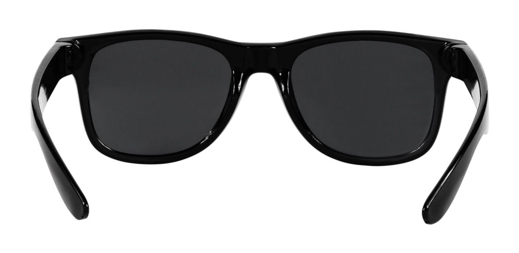 Stylish black sunglasses with a sleek design, featuring dark lenses and a glossy frame, perfect for outdoor adventures.