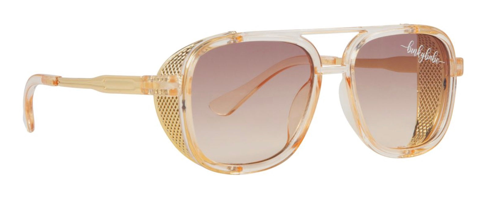 Stylish oversized sunglasses with a clear frame and gradient lenses, featuring a mesh side design for a trendy look.