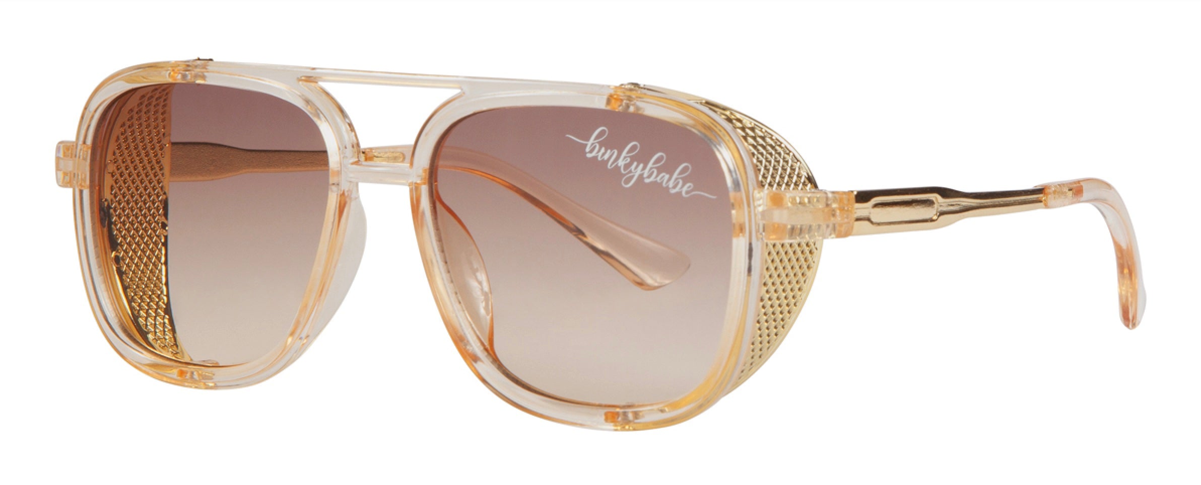 Stylish oversized sunglasses with a clear frame and gradient lenses, featuring gold mesh accents on the sides.