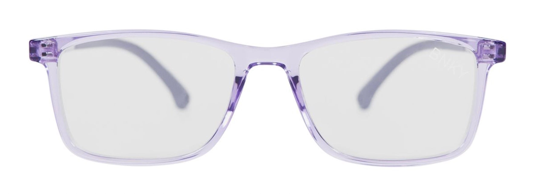 Stylish blue light glasses in a translucent lavender frame, designed to reduce eye strain and enhance comfort.