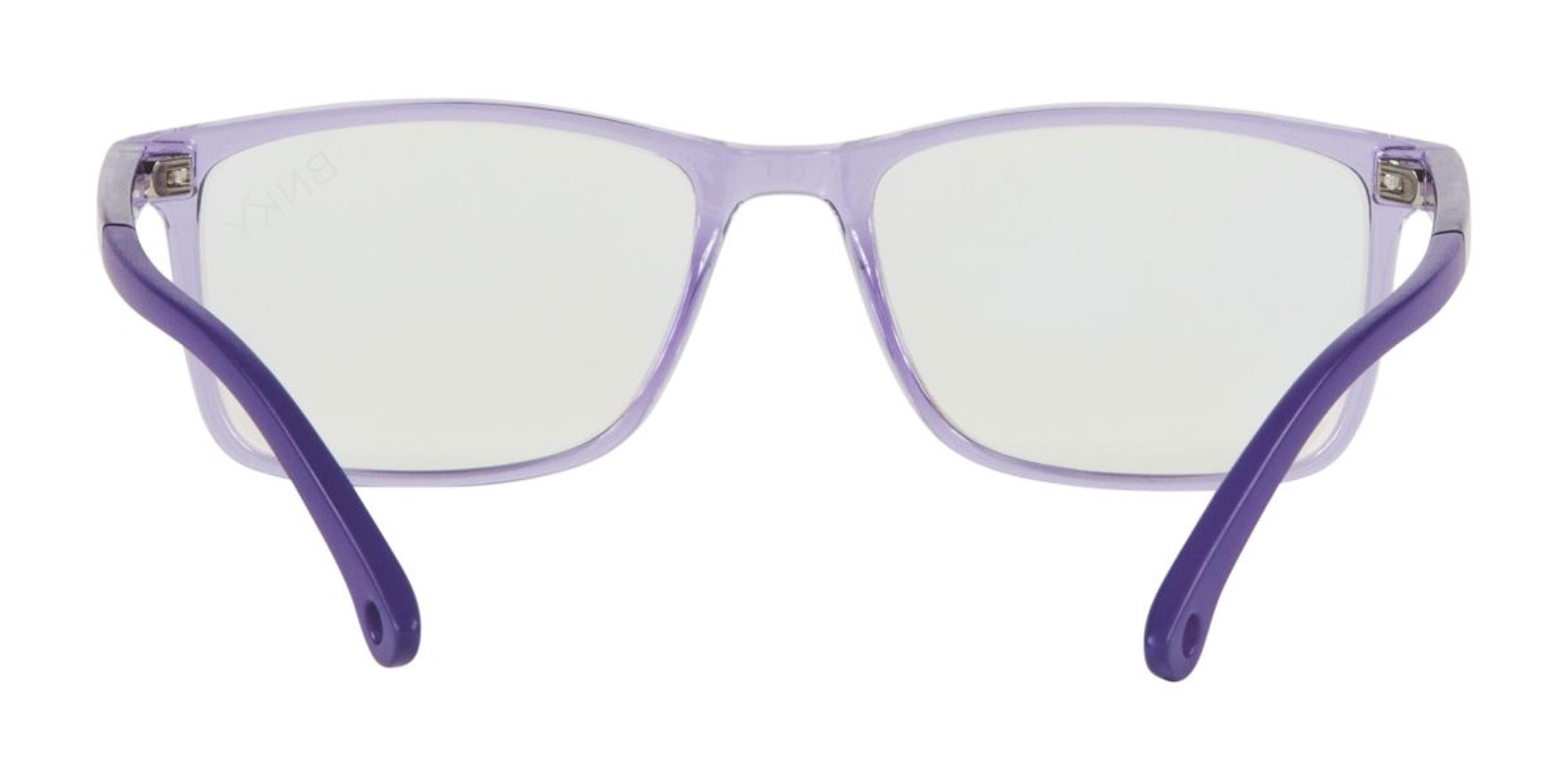 Stylish blue light glasses with a transparent purple frame and purple arms, designed for kids and teens.