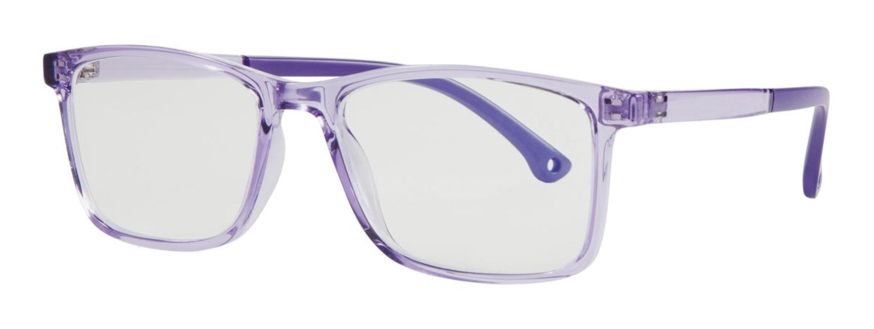 Stylish blue light glasses in a translucent lavender frame, designed to reduce eye strain and enhance comfort.