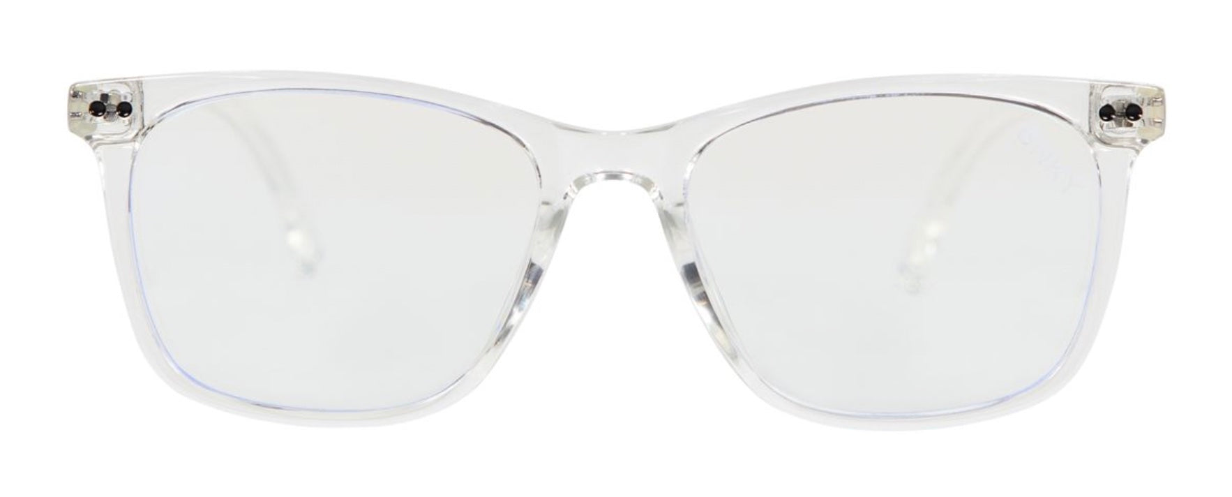 Clear blue light glasses with a modern rectangular frame, designed to reduce eye strain from screens.