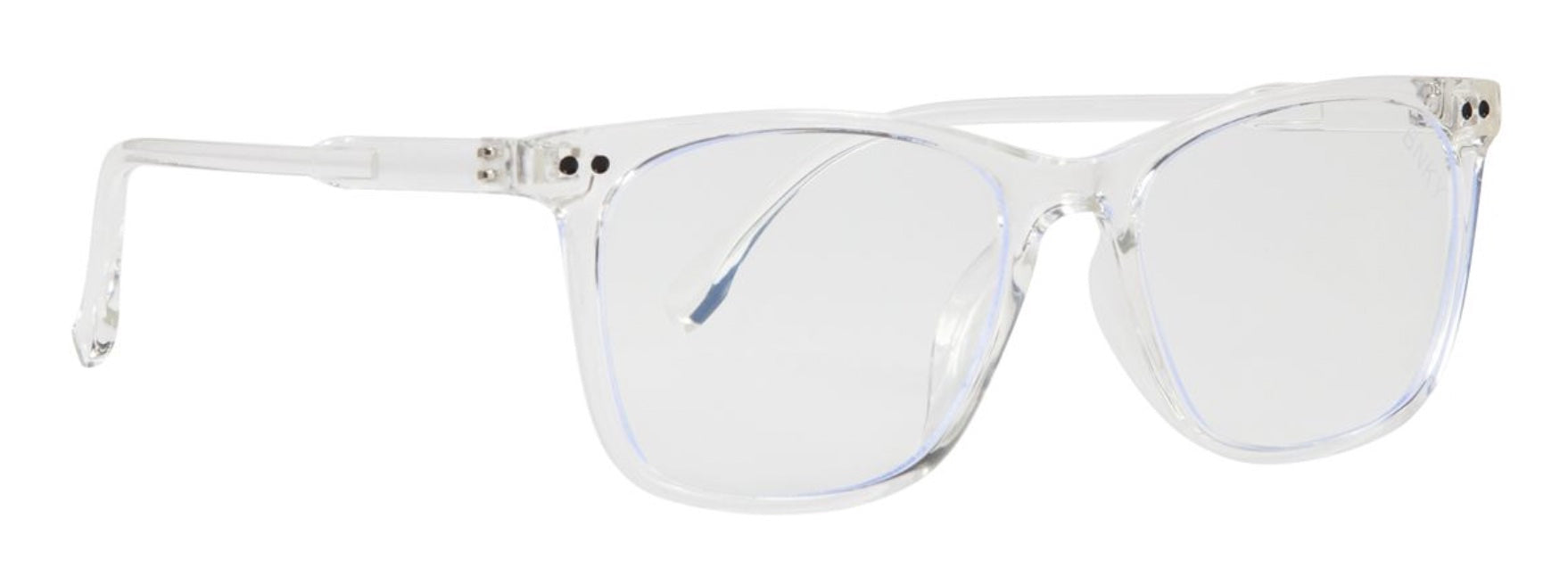 Clear blue light glasses with a modern rectangular frame designed to reduce eye strain from screens.