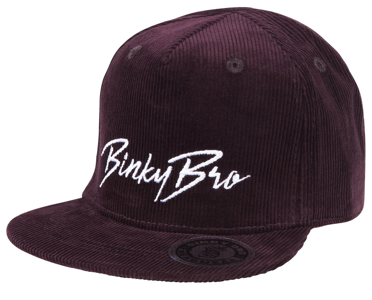 Stylish burgundy corduroy snapback hat with white BinkyBro logo, perfect for infants and toddlers.