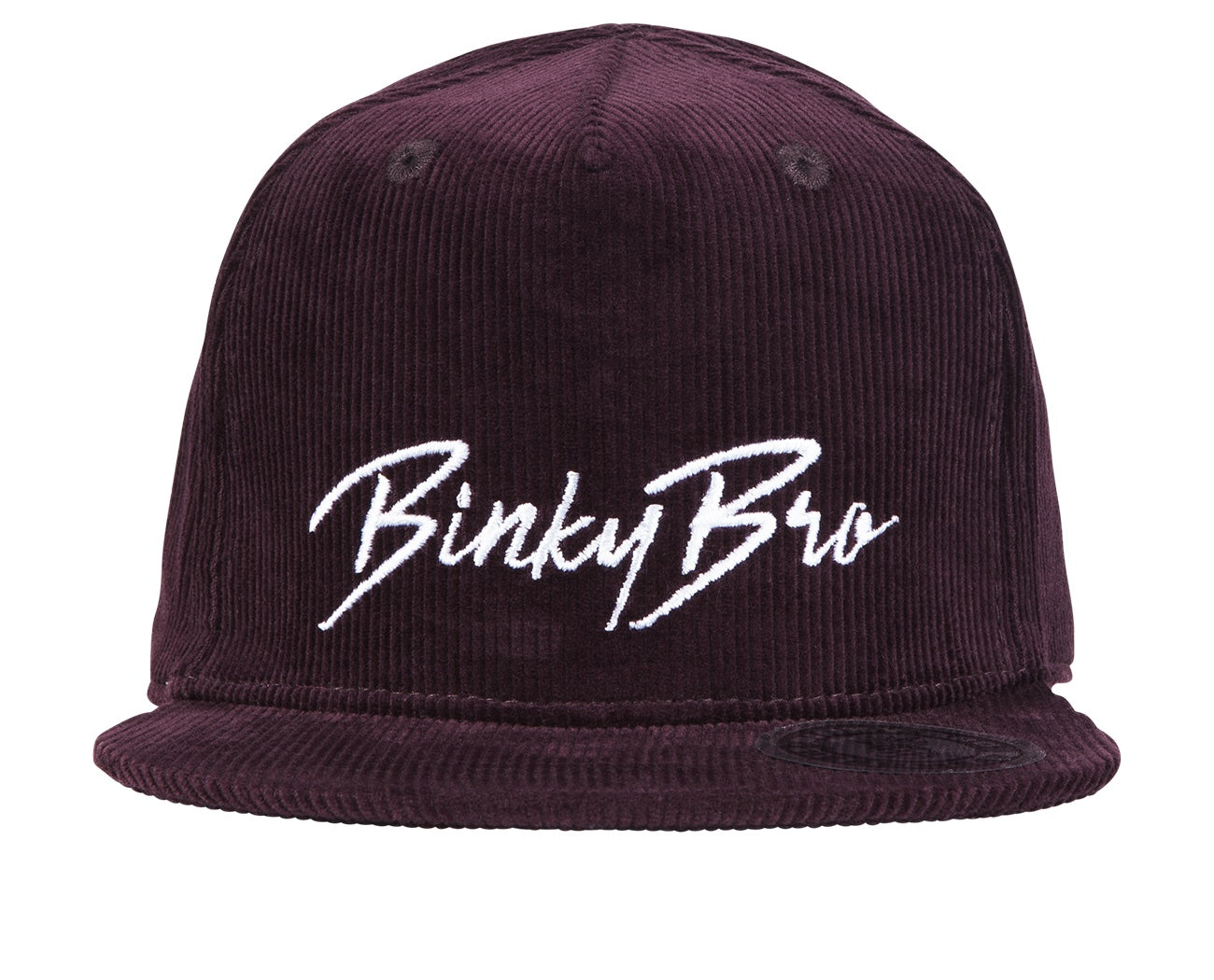 Stylish burgundy corduroy snapback hat with white BinkyBro logo, designed for infants and toddlers.