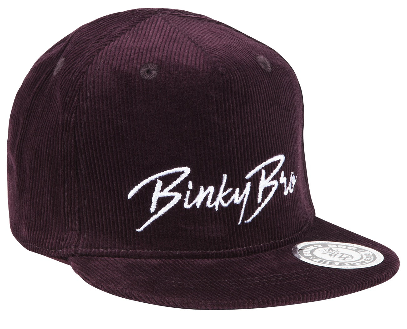 Stylish burgundy corduroy snapback hat featuring the BinkyBro logo, designed for infants and toddlers.