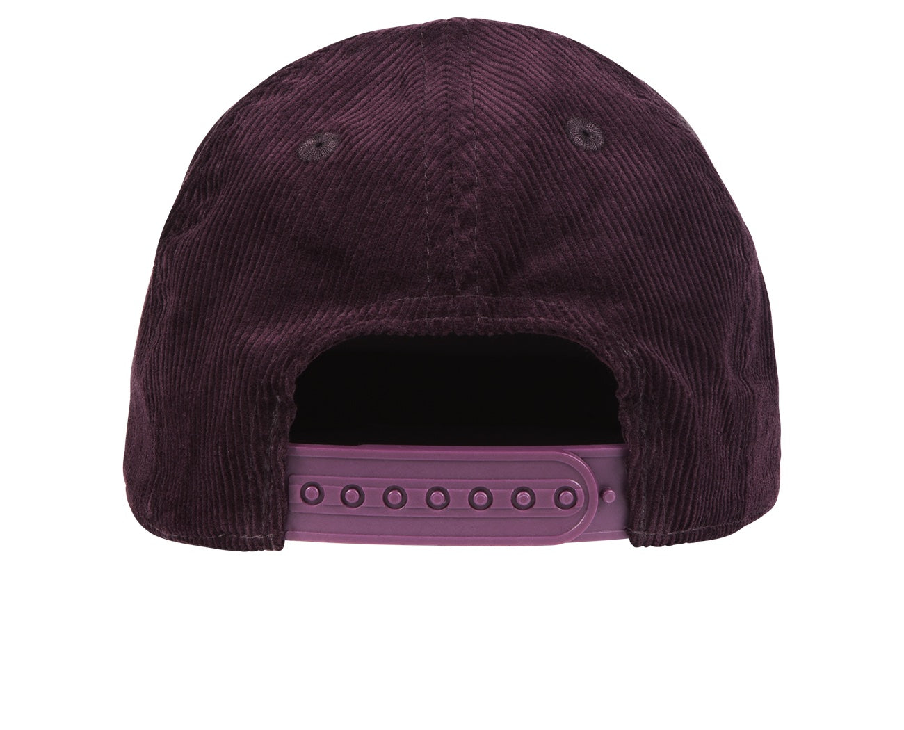 Back view of a purple corduroy snapback hat featuring an adjustable strap, designed for kids with a stylish, modern look.