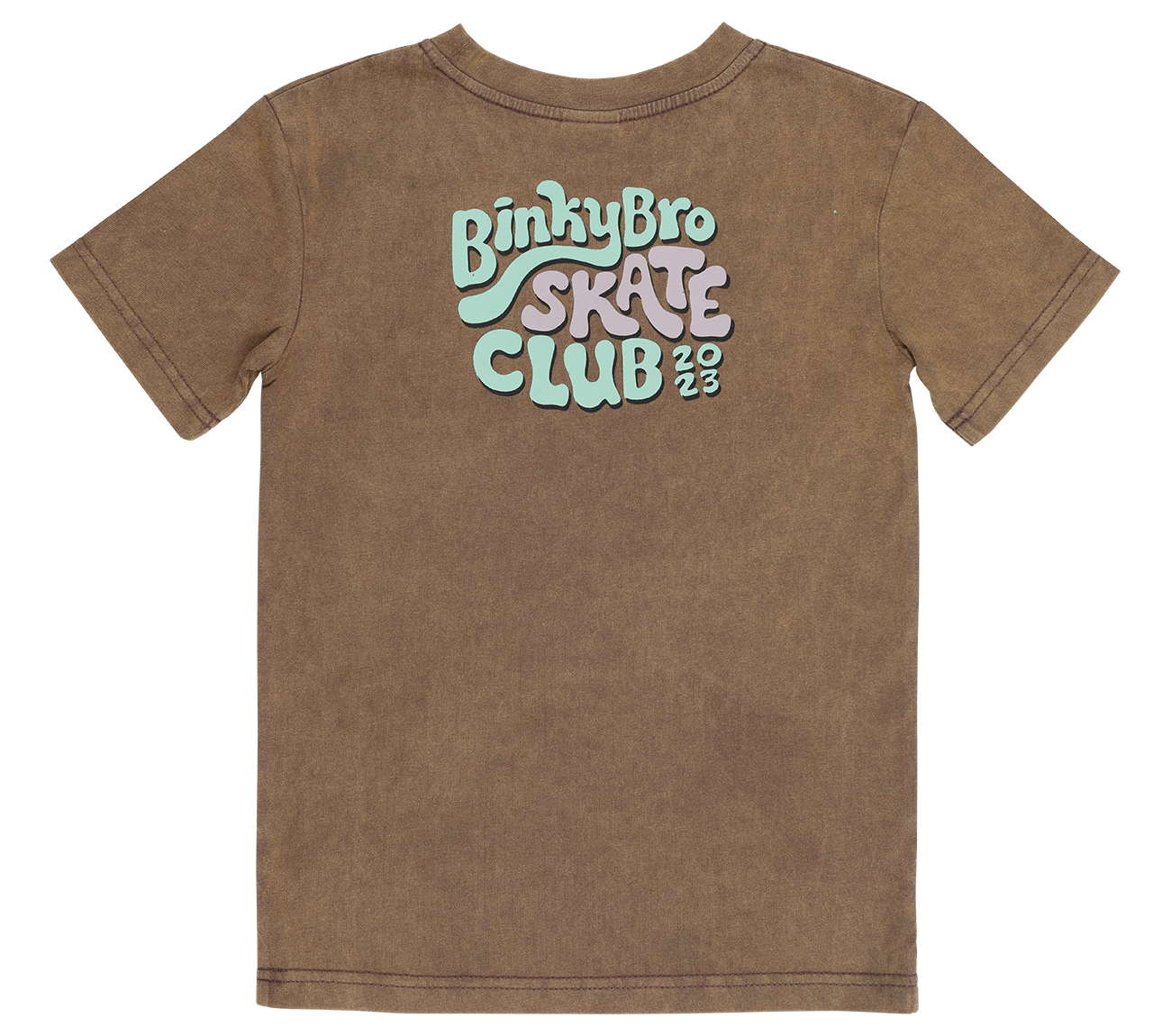 Brown Skate Club T-Shirt featuring a colorful retro logo on the back, designed for kids with a surf-snow-skate lifestyle.