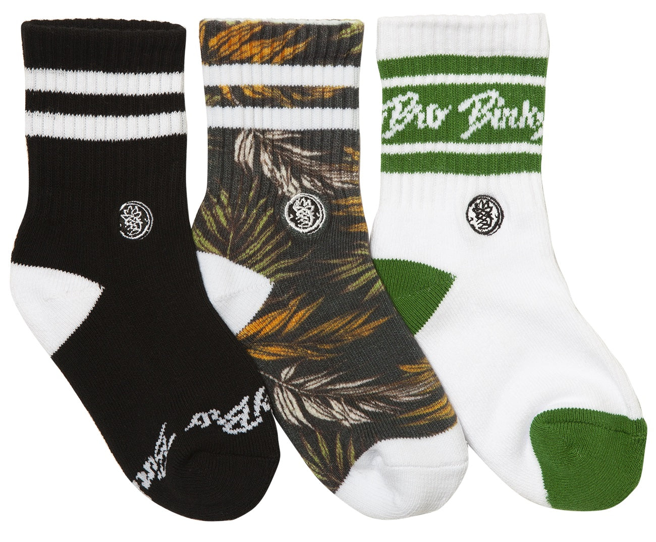 Three pairs of youth socks featuring a black design with stripes, a palm leaf pattern, and a green and white style, all with logo details.