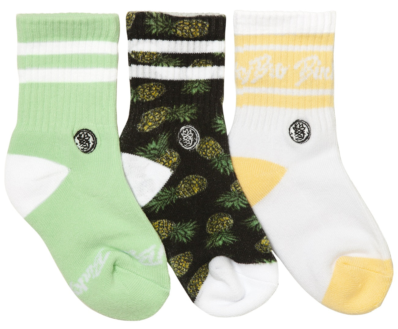 Three pairs of kids' socks featuring a pineapple design, with colors green, black, and yellow, perfect for stylish little ones.
