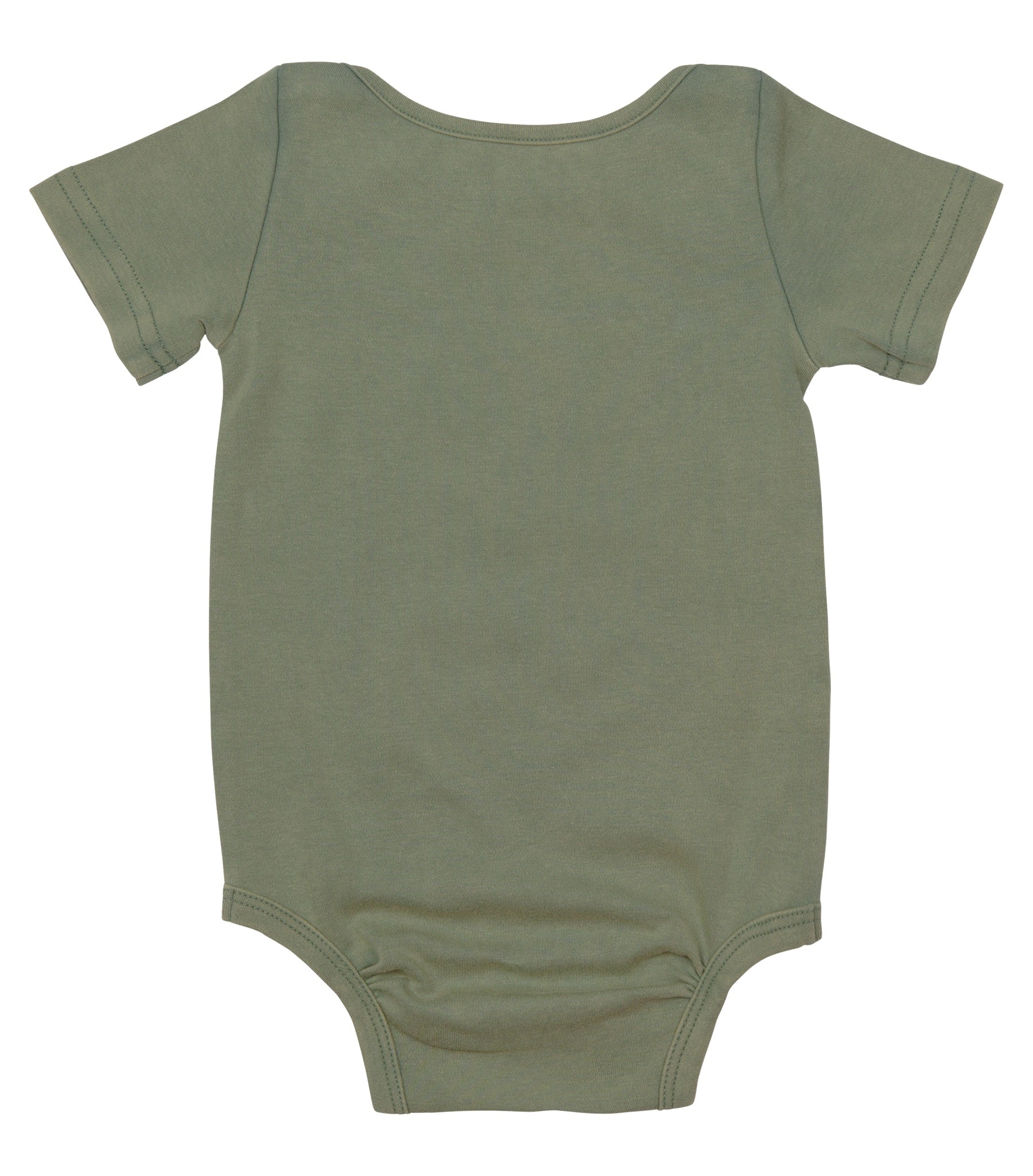 Olive green short-sleeve onesie for infants, featuring a soft and comfortable design, perfect for everyday wear.
