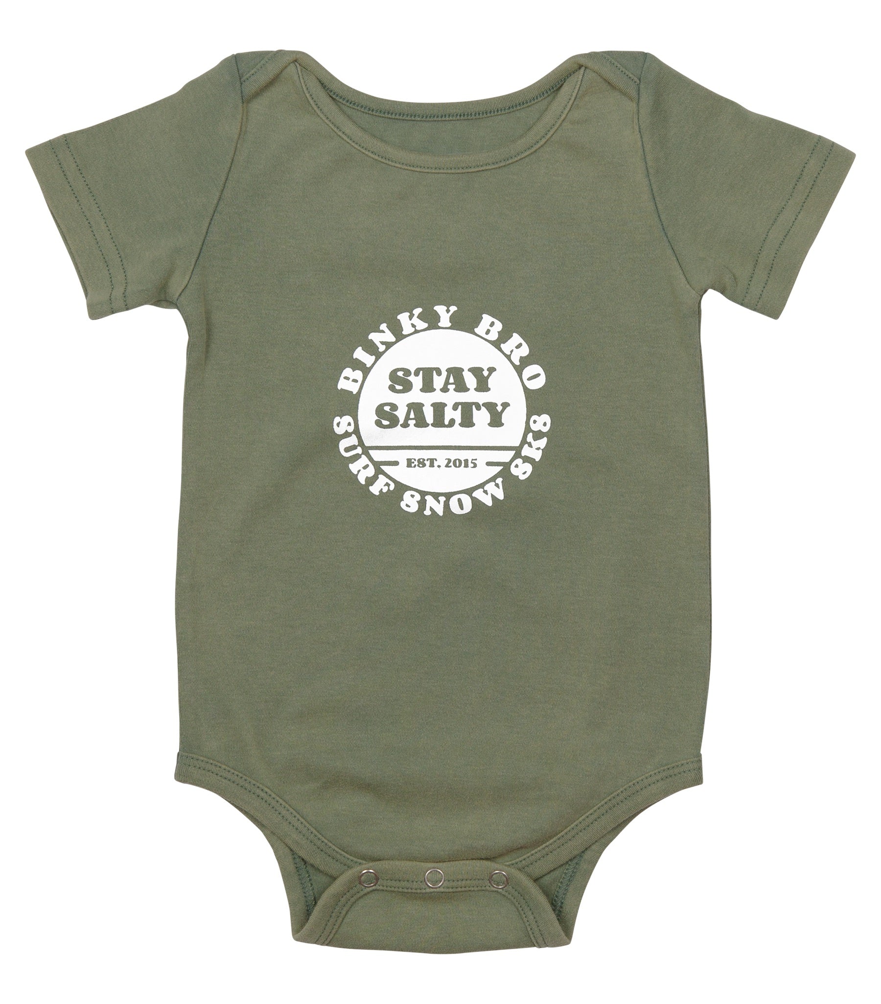 Olive green infant onesie featuring "Stay Salty" graphic, designed for a stylish surf-snow-skate lifestyle.