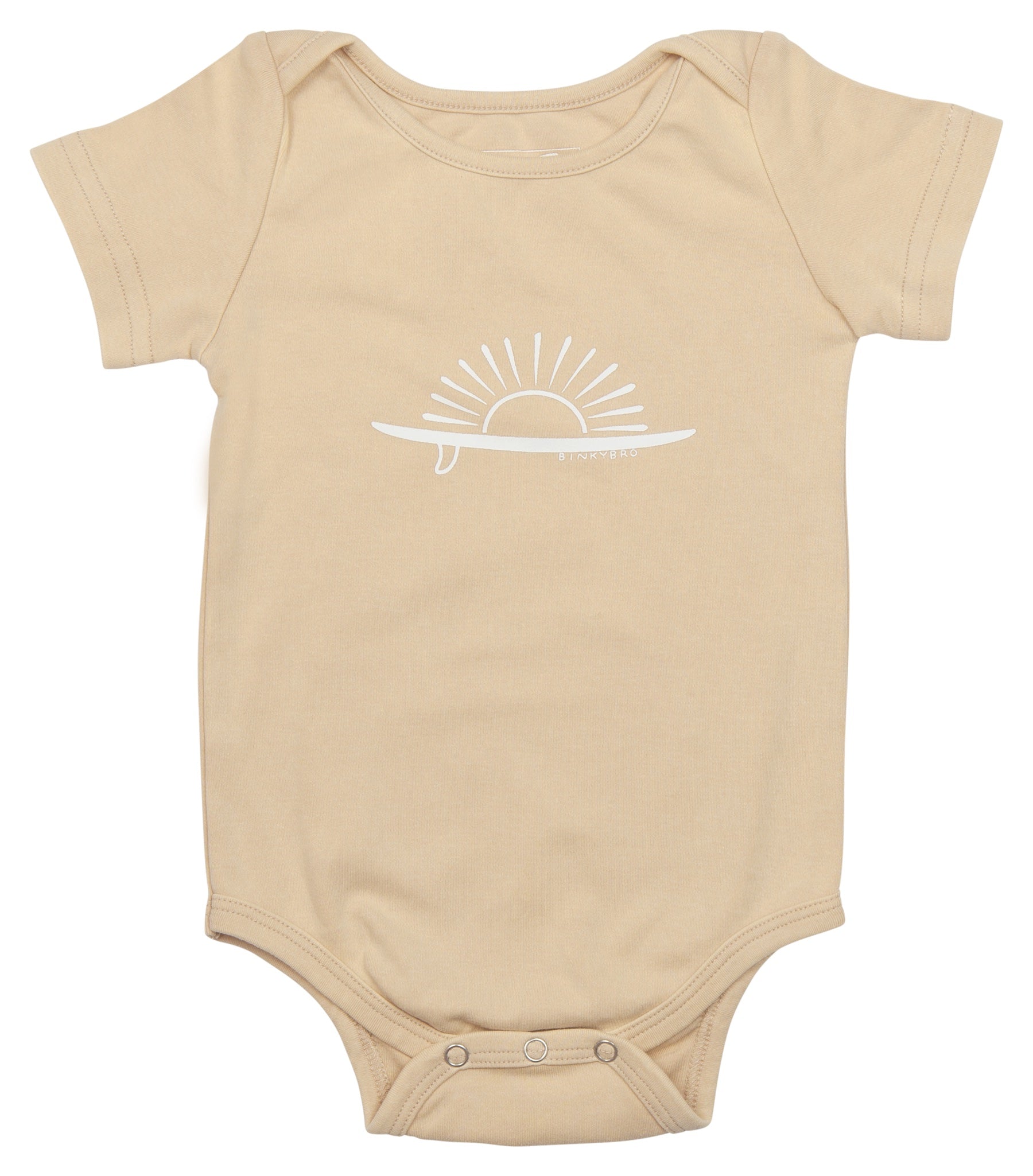 Light beige short-sleeve onesie featuring a minimalist sun and surfboard graphic, perfect for infants and toddlers.