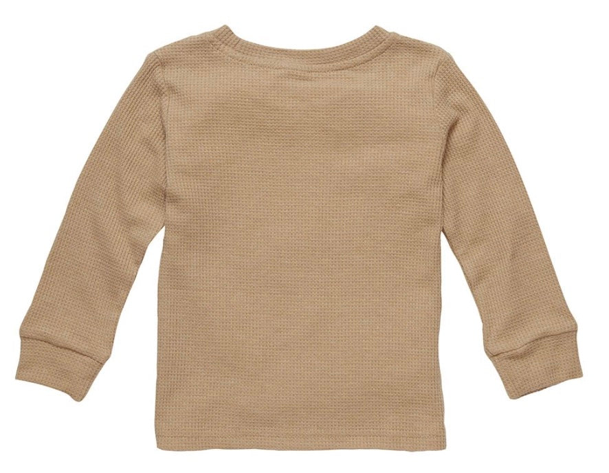 Tan long-sleeve Timberline shirt with a textured fabric, designed for comfort and style in kids' apparel.