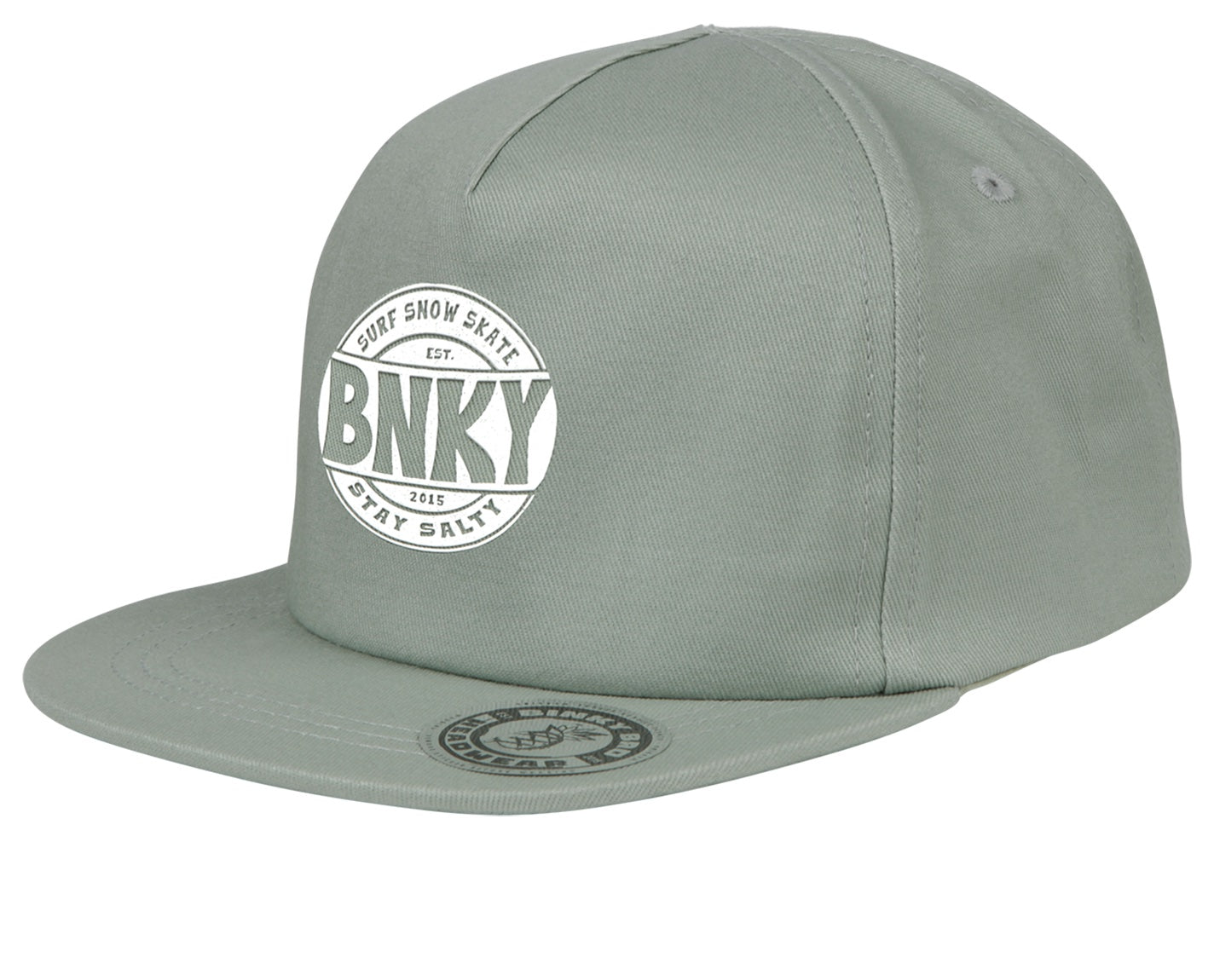 Stylish gray snapback hat with a circular BNKY logo, perfect for kids embracing a surf-snow-skate lifestyle.