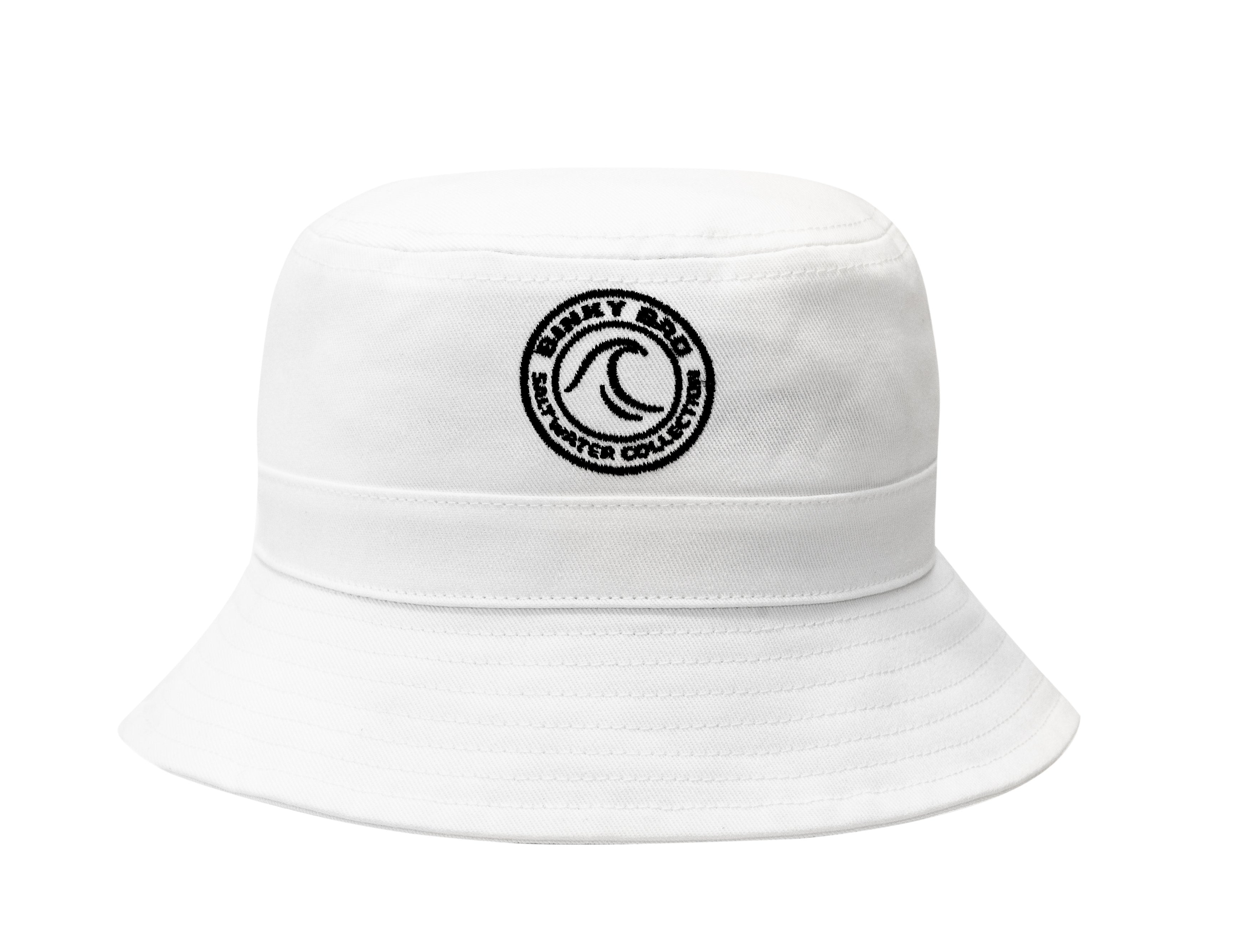 White bucket hat featuring a black logo from BinkyBro's Saltwater Collection, perfect for stylish sun protection.