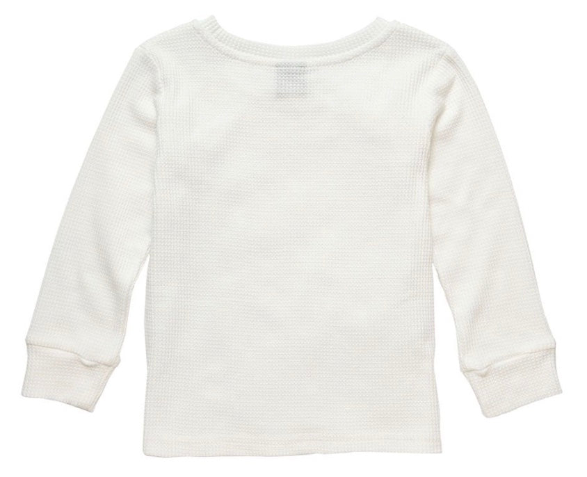 White long-sleeve thermal shirt for kids, featuring a textured fabric and a classic crew neckline. Perfect for layering.