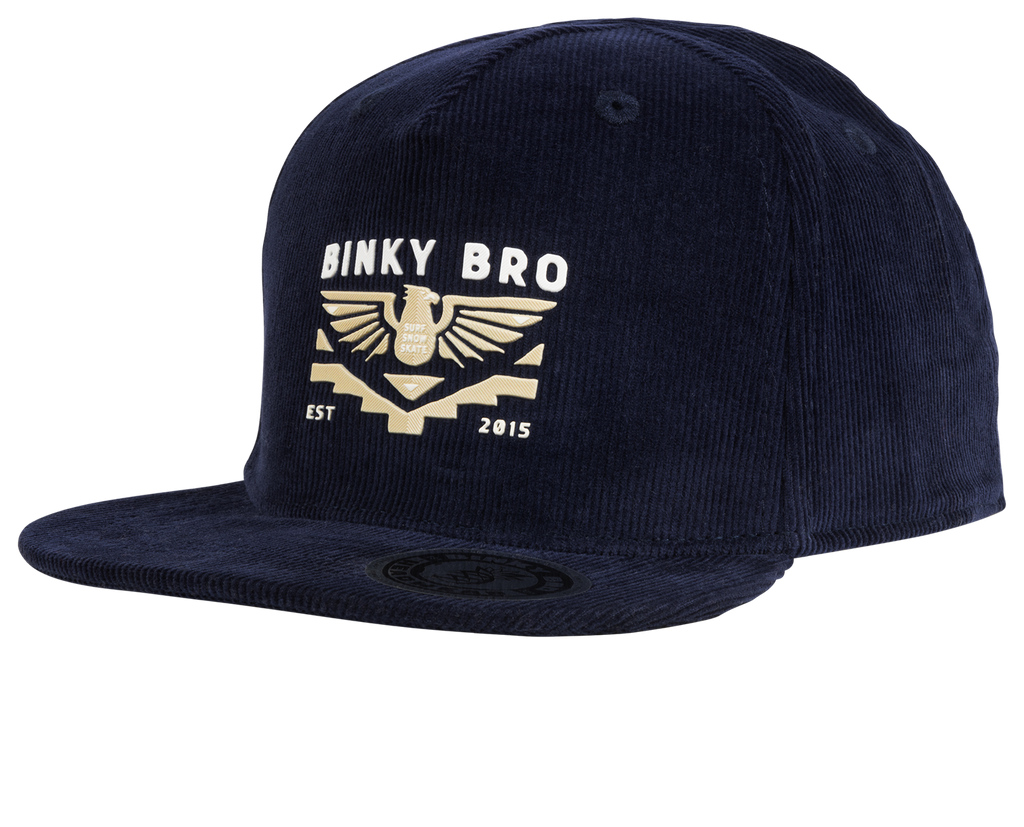 The Phoenix snapback hat has all navy blue colored corduroy paneling with a BinkyBro Phoenix embossed logo on front. This hat is 100% cotton. This hat is part of our toddler snapbacks collection.