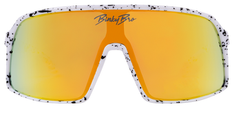 Stylish Monteverde sunglasses with a white speckled frame and orange mirrored lenses, perfect for kids' outdoor adventures.