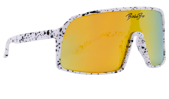 Stylish Monteverde sunglasses with a white speckled frame and reflective yellow-green lenses, perfect for kids.