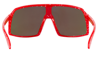 Bold red sunglasses with a speckled design and dark lenses, perfect for stylish outdoor adventures.