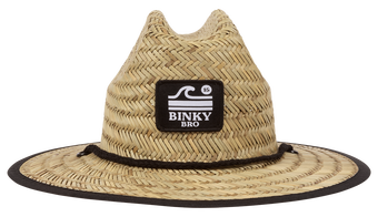 Retro straw sun hat with a wide brim and a Binky Bro logo patch, designed for stylish outdoor adventures.