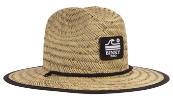 Stylish straw sun hat with a wide brim and Binky Bro logo, perfect for infants and toddlers enjoying outdoor adventures.