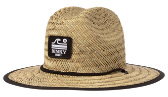 Stylish straw sun hat with a wide brim and a black Binky Bro logo patch, perfect for kids' outdoor adventures.