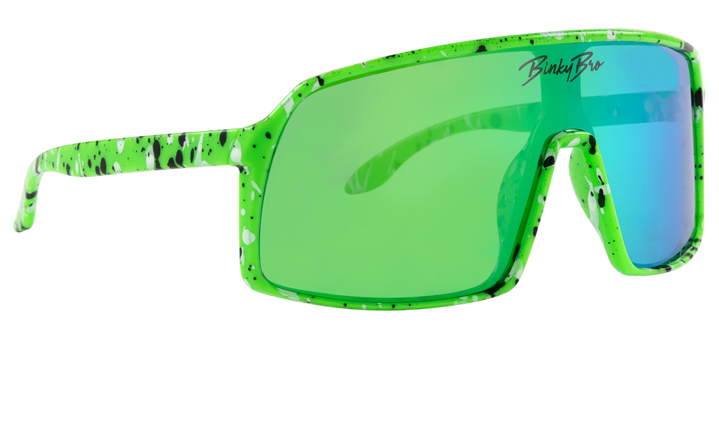 Our Monteverde Electric Green sunglasses have green rims spotted with black and white splotches with a green and blue colored reflective lens. Our BinkyBro signature logo is present on the top-middle of the lens. Size fits best for kids in the 18 months - 5 year range.