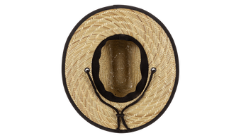 Natural straw sun hat with a wide brim and adjustable chin strap, perfect for stylish sun protection for kids.