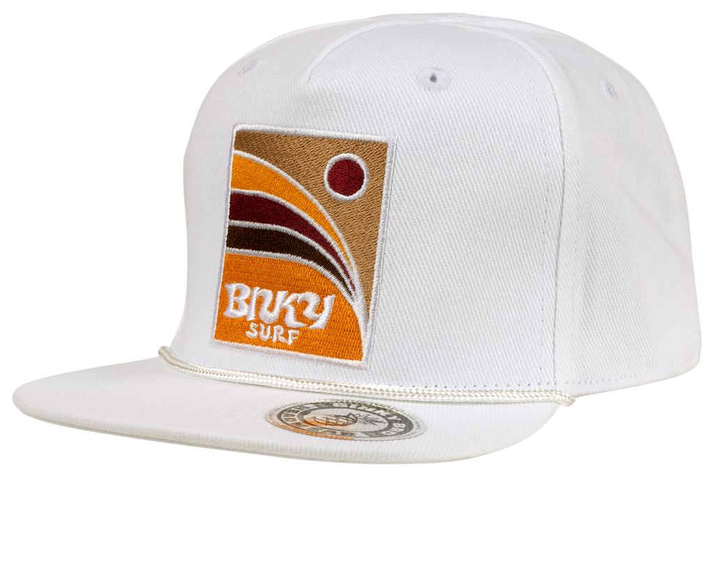 The Popoyo snapback hat has all white paneling with an embroidered BNKY SURF logo on front. This hat is 100% cotton. This hat is part of our toddler snapbacks collection.