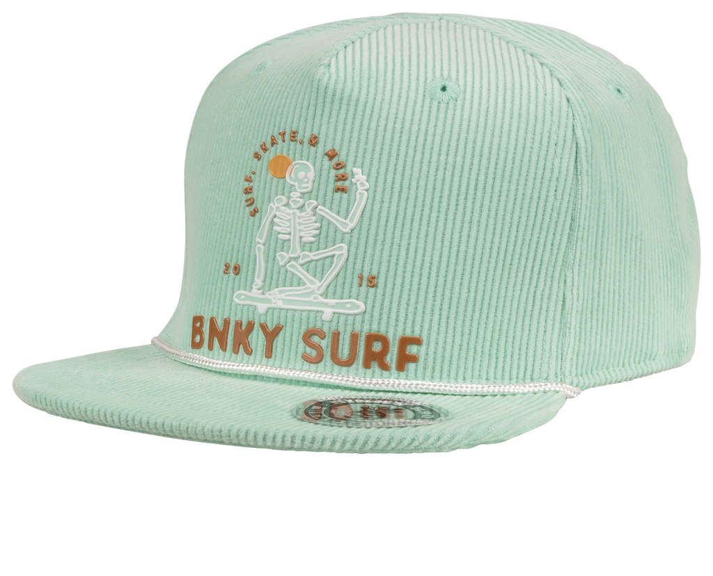 The Bones snapback hat has all teal corduroy paneling with a branded skeleton embossed logo on front. This hat is 100% cotton.  This hat comes in an infant, toddler, youth, junior, and adult size. Shop our full collection of toddler snapbacks.