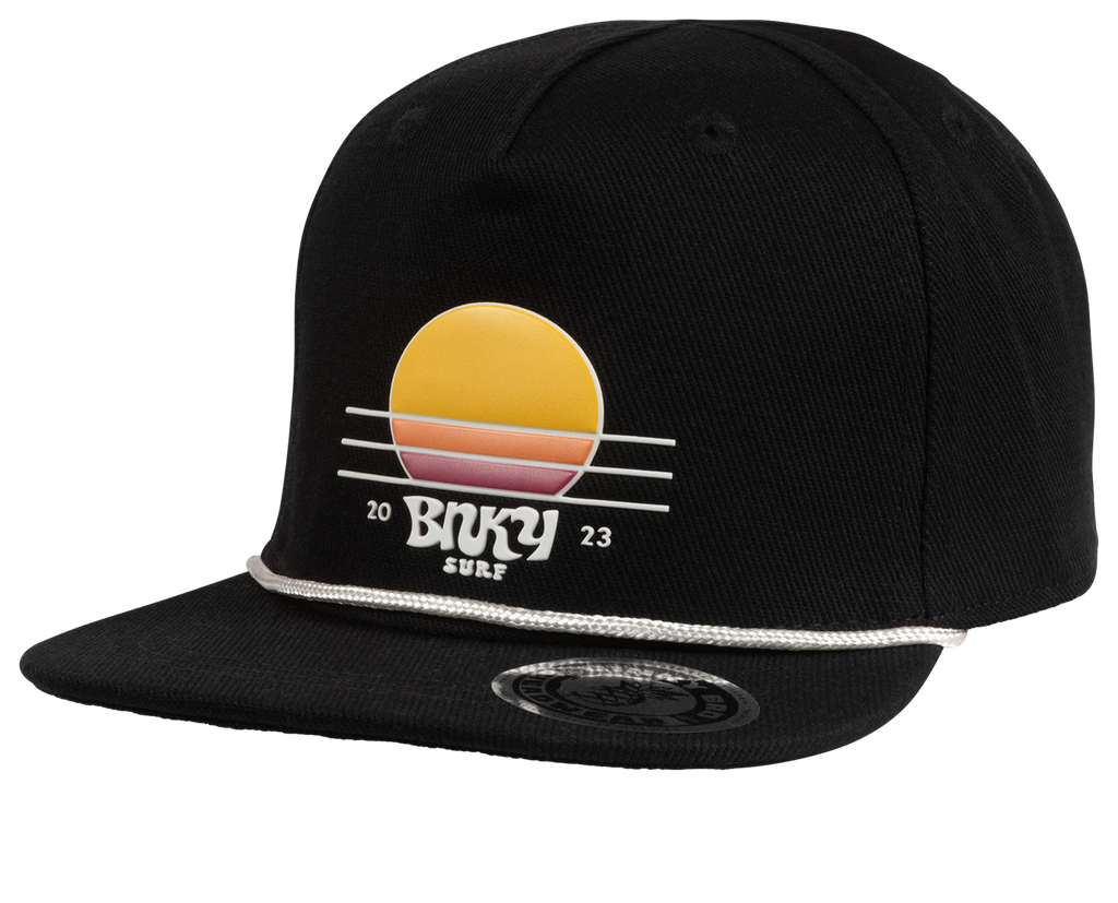 The Panga Drops snapback hat has all black paneling with an embossed BNKY sunset logo. This hat is 100% cotton. This hat is part of our toddler snapbacks collection.