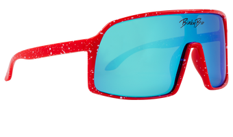 Stylish red sunglasses with blue lenses and a speckled design, perfect for kids' outdoor adventures.