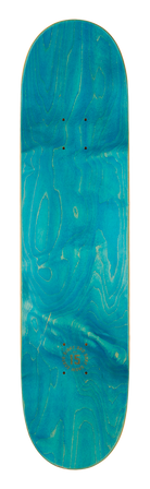 Blue skateboard deck with a wood grain pattern, featuring pre-drilled holes for truck installation. Ideal for skateboarding enthusiasts.