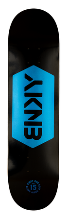 Black skateboard deck featuring a bold blue hexagon logo with the letters AKNB, designed for stylish youth skating.