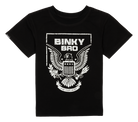Black t-shirt featuring a bold eagle graphic and "Binky Bro" text, designed for infants and toddlers in a surf-snow-skate style.